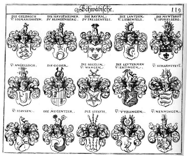 Coats of arms of Angelloch, Bayrn, Degelin, Geldrich, Goder, Goeder, Haus, Hausen, Haydenheimer, Lantzen, Leutermann, Liesch, Megentzer, Mundbrod, Mundbrodt, Nenningen, Scharnstäten, Spiegelberg, Utzlingen