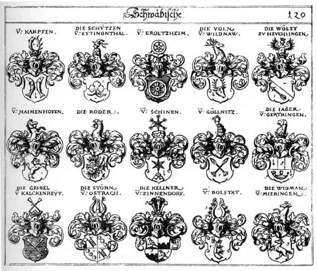 Coats of arms of Bolstatt, Eroltzheim, Gertingen, Goelnitz, Gribel, Grübel, Haimenhofen, Heimhofer, Jaeger, Karpfen, Kellner, Röder, Roeder, Schinen, Schützen, Voln, Wölff, Wölffen