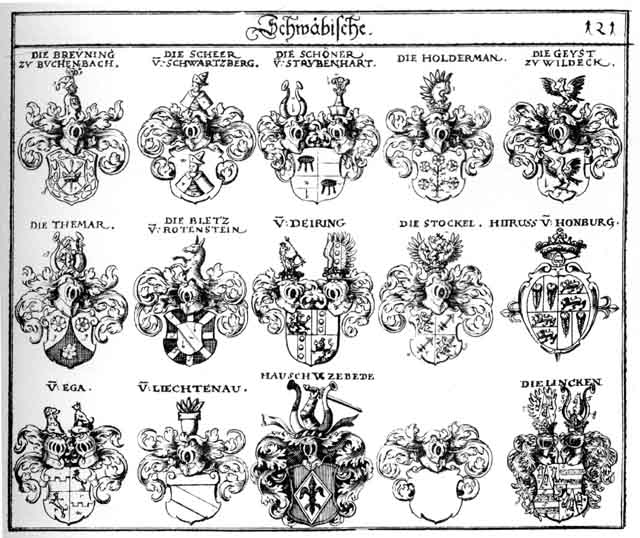 Coats of arms of Bletz, Breuning, Deiring, Ega, Gaist, Gayst, Geist, Geyst, Hirus, Holderman, Hyrus, Hyrussen, Liechtenau, Liechtenauer, Preining, Preuning, Scheer, Schöner, Stöckel, Themar