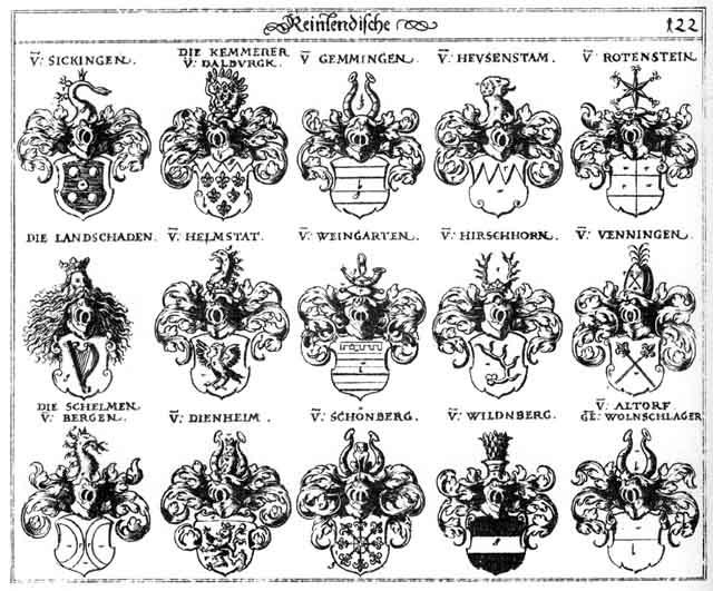 Coats of arms of Altdorff, Altendorff, Altorff, Dalburg, Dienheim, Gemmingen, Helmstat, Heusenstam, Hirschhorn, Landschaden, Schelmen, Schönberg, Venningen, Weingarten, Wildenberg, Wildnberg, Wildperger, Wolnschlager