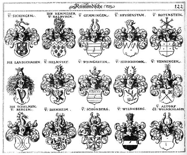 Coats of arms of Altdorff, Altendorff, Altorff, Dalburg, Dienheim, Gemmingen, Helmstat, Heusenstam, Hirschhorn, Landschaden, Schelmen, Schönberg, Venningen, Weingarten, Wildenberg, Wildnberg, Wildperger, Wolnschlager