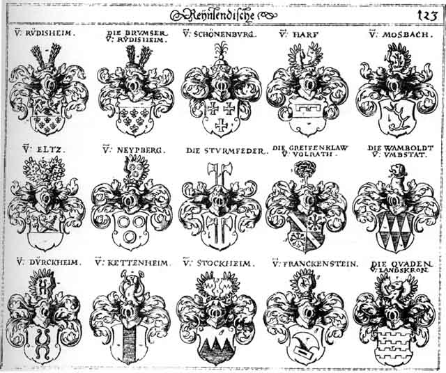 Coats of arms of Brumser, Dürckheim, Els, Eltz, Franckenstein, Greiffenklaw, Harf, Kettenheim, Mosbach, Mosenbach, Neypberg, Quaden, Rudisheim, Stockheim, Sturmfelder, Wamboldt