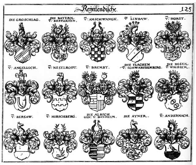 Coats of arms of Albich, Amschwanck, Andernach, Angelloch, Ayner, Bayrn, Bersaw, Bosen, Brembt, Daxheim, Flachen, Groschlag, Horst, Horsten, Lindaw, Lindawer, Nesselrodt, Pose, Posen