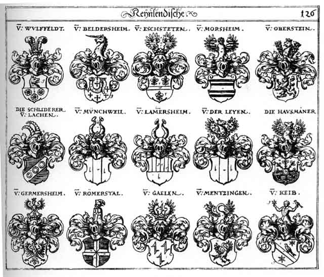 Coats of arms of Beldersheim, Bottwar, Eschstenten, Germersheim, Hausmänner, Keib, Lammersheim, Mentzingen, Morsheim, Münchweil, Oberstein, Romerstal, Schliderer, V der Leyen, Wulffeldt
