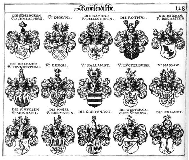Coats of arms of Bayrn, Berg, Bergh, Berkh, Dhaun, Greifenrot, Lüczelburg, Lützelburg, Nagel, Nassaw, Pallandt, Reichen, Roden, Rodt, Rolandt, Roten, Roth, Rothen, Rothn, Schüdzen, Schützen, Waldner, Westernach, Westernacher