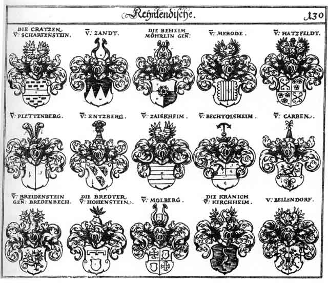 Coats of arms of Bechtolsheim, Beheim, Bellendorff, Böheim, Bredenbech, Bredter, Breidenstein, Breitenstein, Carben, Cratzn, Entzberg, Hatzfeld, Kranich, Kratzen, Merode, Moehrlin, Möhrlin, Molberg, Plettenberg, Zaiskaim, Zandt, Zandten