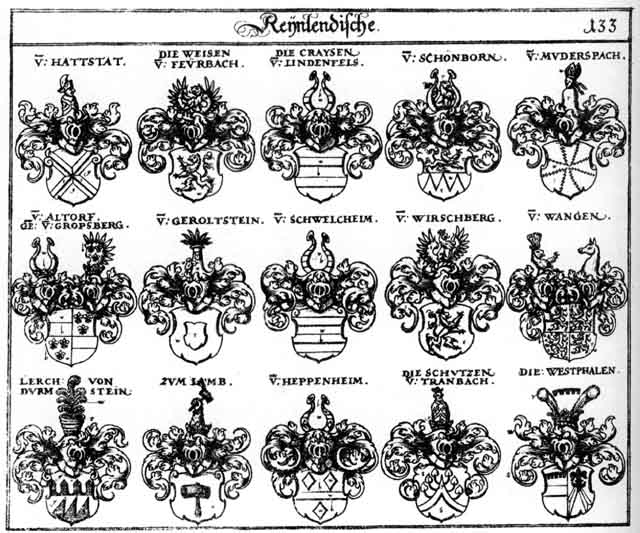 Coats of arms of Altdorff, Altendorff, Altorff, Craysen, Geroltstein, Gropsberg, Hattstatt, Heppenheim, Lerch, Lerchen, Muderspach, Schönborn, Schützen, Schwelcheim, Wangen, Weisen, Weiss, Wessen, Westphalen, Weysen, Wirschberg, zum Lamb