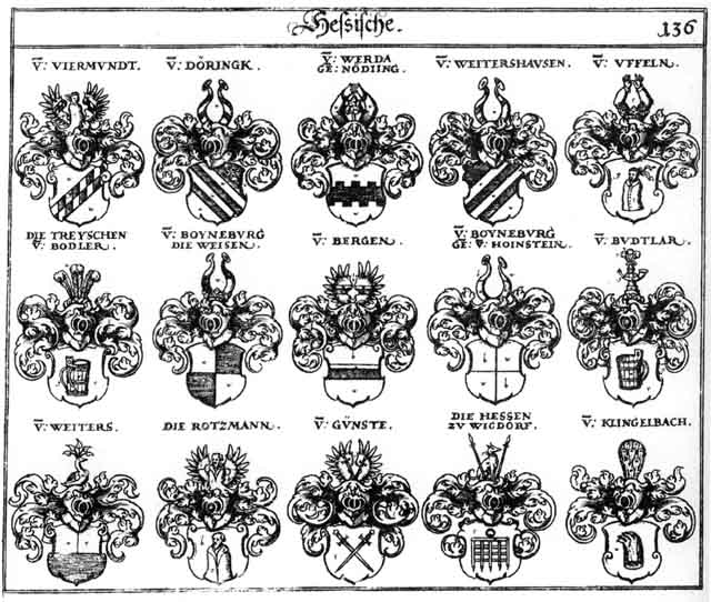 Coats of arms of Berg, Bergen, Berghen, Boyneburg, Budtlar, Buttlar, Döringk, Gunste, Hess, Hessen, Hoinsten, Klingelbach, Nöding, Noediing, Rotzmann, Treyschen, Uffeln, Viermundt, Weisen, Weiss, WeiterS, Weitershausen, Wessen, Weysen