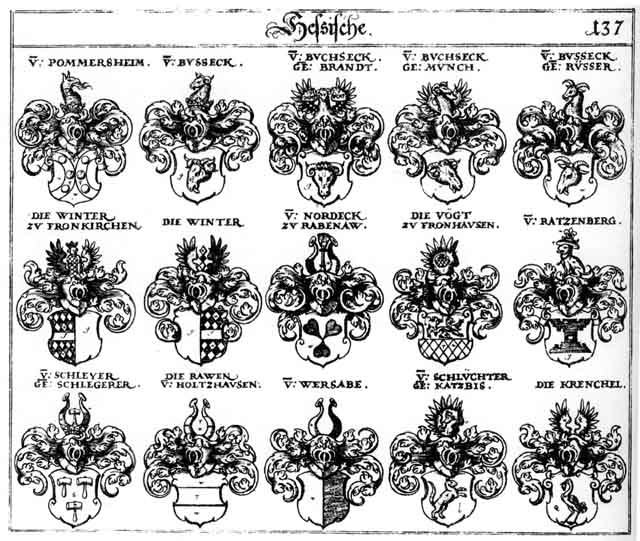 Coats of arms of Buchseck, Buseckh, Busseck, Katzbis, Krenchel, Nordock, Pommersheim, Ratzenberg, Rawen, Schlegerer, Schleyer, Schlüchter, Vögt, Vögten, Voiten, Wersabe, Winder, Winter