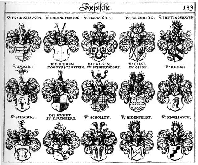 Coats of arms of Biedenseld, Calenberg, Dalwigk, Dieden, Doringenberg, Eringshausen, Gilse, Gilsen, Hertingshausen, Hund, Hundt, Lüder, Rehne, Schaben, Scholley