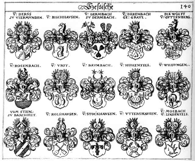 Coats of arms of Baumbach, Bischhausen, Derenbach, Dermbach, Derss, Graul, Hohenfels, Hohenfelser, Mosbach, Mosenbach, Rolshausen, Rosenbach, Stain, Stein, Steine, Stockhausen, Urff, Uttershausen, Wildtungen, Wölff, Wölffen
