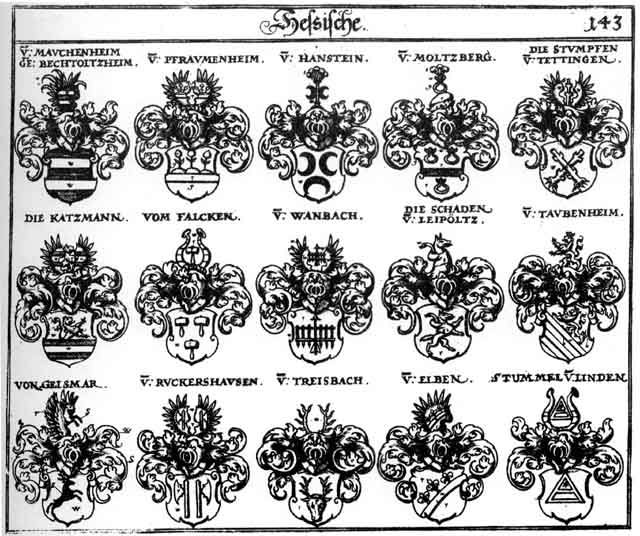 Coats of arms of Elben, Falcken, Geismar, Hanstein, Katzmann, Mauchenheim, Moltzberg, Pfraumenheim, Ruckershausen, Schaden, Stummel, Stumpsen, Taubenheim, Treisbach, Wanbach