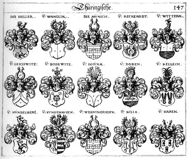 Coats of arms of Billa, Bodewitz, Dhünae, Dhünge, Doben, Haren, Heller, Hundesberg, Kellech, Leichwitz, Münich, Reckerodt, Sundthausen, Wanglin, Werningshofn, Wittern