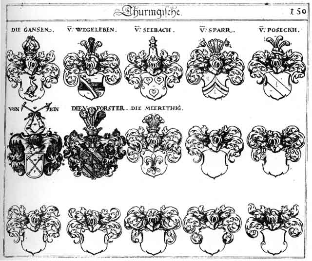Coats of arms of Boseckh, Ganse, Gansen, Meerethig, Pein, Poscekh, Seebach, Seepacher, Sparn, Sparr, Wegeleben
