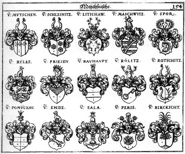 Coats of arms of Birckicht, Ende, Endt, Litichaw, Maschwitz, Mutschen, Peris, Pomückau, Priesen, Rauhaupt, Roelitz, Rolitz, Rothschütz, Sahla, Sala, Schleinitz, Spor