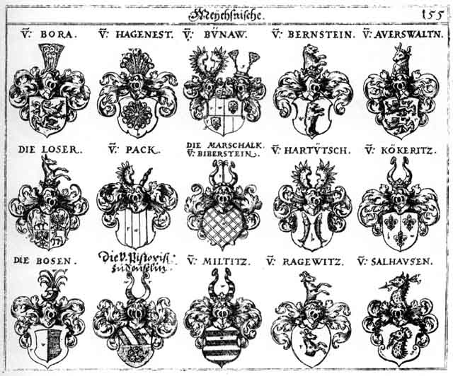 Coats of arms of Auerswalten, Bernstein, Bora, Bosen, Bünaw, Hagenest, Hartütsch, Koekeritz, Kökeritz, Loefer, Loser, Miltitz, Pack, Pistoris, Pose, Posen, Ragewitz, Salhausen