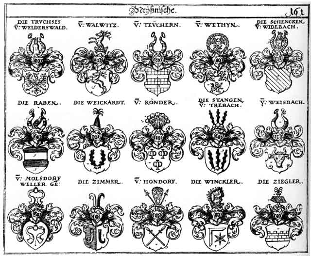 Coats of arms of Hondorff, Koeender, Könder, Molsdorff, Raben, Rauben, Stangen, Truchsesen, Walwitz, Weisbach, Weller, Wethyn, Wettin, Winckler, Zegler, Zigler, Zimmer, Zimmern