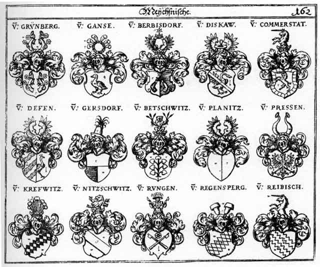 Coats of arms of Berbisdorff, Betschwitz, Commerstatt, Diskaw, Ganse, Gansen, Gersdorff, Grüenberg, Grünberg, Gryenenberg, Kreswitz, Nitschwitz, Peschwitz, Planitz, Pressen, Regensperg, Reibisch, Runge, Rungen