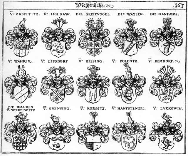 Coats of arms of Bemdorff, Bissing, Greiffvogel, Grenfing, Hanfmus, Hanfstengel, Holdaw, Korbitz, Lipsdorff, Luckowin, Polentz, Wahren, Waysen, Zobeltitz
