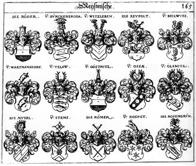 Coats of arms of Beilwitz, Göstnitz, Kospet, Musel, Oelsnitz, Ossae, Reupold, Röder, Roeder, Roemer, Römer, Rosengrün, Stens, Telaw, Wartmandorff, Watzdorff, Witzleben
