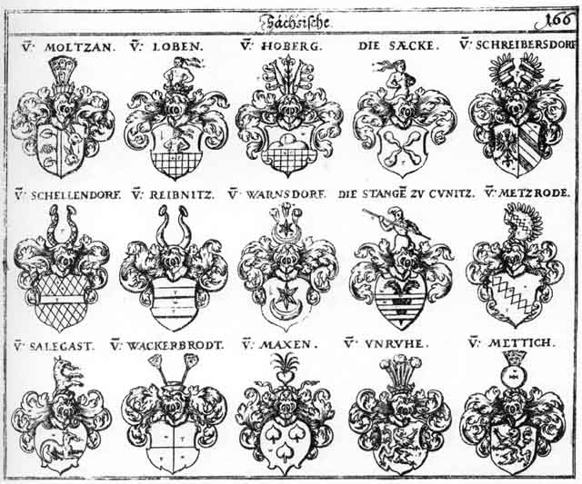 Coats of arms of Hoberg, Löbe, Löben, Loebe, Loeben, Maxen, Mettich, Metzrode, Moltzan, Reibnitz, Säck, Säcke, Saecke, Salegast, Schellendorf, Schreibersdorff, Stangen, Unruhe, Wackerbrodt, Warnsdorff