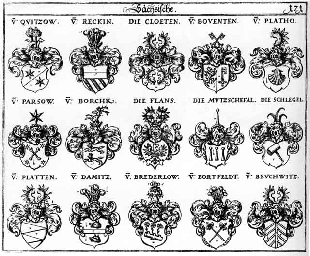 Coats of arms of Beuchwitz, Blatten, Borchk, Borcken, Bortfeld, Boventen, Brederlow, Brederlowen, Cloeten, Damitz, Flans, Flansen, Mutschefall, Platen, Platho, Plato, Platten, Quitzow, Reckin, Schlegel