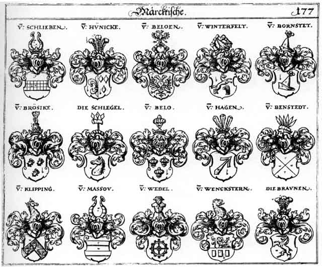 Coats of arms of Belo, Beloen, Benstedt, Bornstedt, Braun, Braunen, Brösicke, Hagen, Haggen, Hagn, Hünicke, Klipping, Massov, Schlegel, Schlieben, Wedel, Wedlen, Wenckstern, Winterfeld
