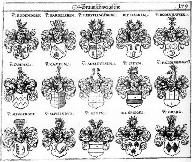 Coats of arms of Adelevesen, Bardeleben, Bodendorff, Bodenhausen, Camp, Campen, Hacken, Hackhen, Hagken, Haimen, Heime, Heym, Holdingshausen, Kerstlingenrode, Maisenburg, Maysenburg, Mingerode, Oberg, Raeden, Rede, Reden, Rheten, Spiegel, Spigel
