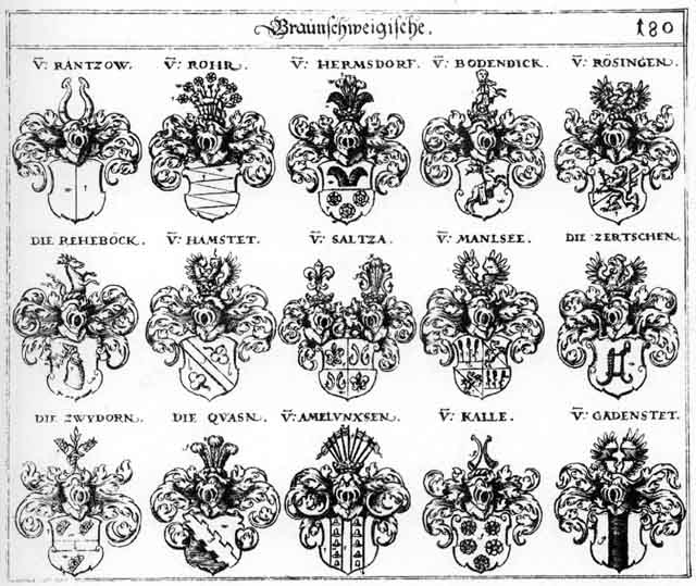 Coats of arms of Amelunxsen, Bodendick, Gadenstedt, Hamstet, Hermansdorf, Hermensdorf, Kall, Kalle, Manlsee, Quasn, Rantzow, Rohr, Rosingen, Zertschen, Zwydorn
