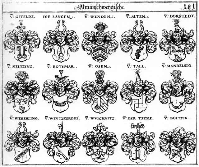 Coats of arms of Alten, Boeltzig, Böltzig, Bothmar, Dorstett, Gitelde, Lang, Langen, Mandelso, Osen, Tale, Talhen, von der Decke, von der Tecke, Weberling, Wintzkerode, Wülcknitz