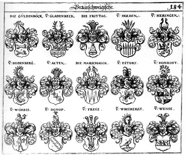 Coats of arms of Alten, Donop, Estorff, Frese, Fresen, Freutag, Freydag, Freytagh, Gladenbeck, Guldenböck, Hering, Heringen, Hodenberg, Holden, Honrodt, Wense, Wörbis, Wrisberge