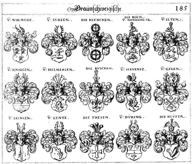 Coats of arms of Bock, Bocken, Buschen, Düring, Frese, Fresen, Gelen, Hanense, Helmersen, Ilten, Jainsen, Klencken, Klüfer, Kniggen, Lente, Puschen, Sürsen, Walmode