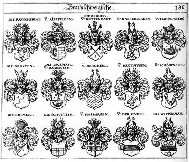 Coats of arms of Bergen, Berghen, Berner, Bremer, Hardegsen, Hardenberg, Hasbargen, Haxthausen, Hudte, Hueden, Hutten, Knesebeck, Knesebeckhen, Lagemann, Rauscheblat, Schönenbeke, Schultzen, Wippermann