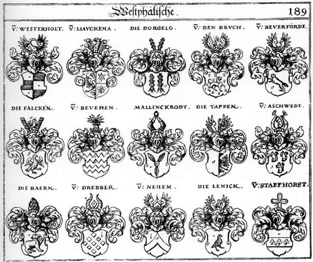Coats of arms of Aschwede, Baër, Baërn, Bähren, Beern, Behren, Beveren, Beverforde, Bruck, Dorgelo, Drebber, Falcken, Lenick, Liaukema, Mallinckrodt, Nehem, Staffhorst, Tappen, Westerholt