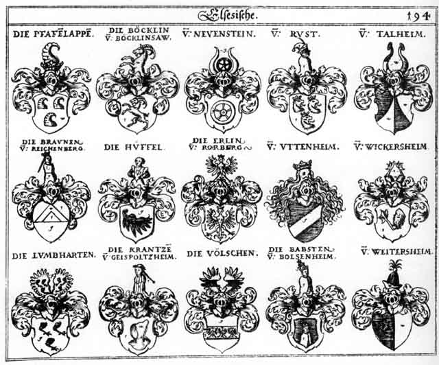 Coats of arms of Babst, Babsten, Bapst, Böcklin, Braun, Braunen, Erlin, Folschen, Hüffel, Krantz, Krantzen, Lumbharten, Neuenstein, Newenstein, Pfaffenlappen, Praune, Rust, Ruste, Talhaimer, Talheim, Thalheim, Uttenheim, Völschen, Weitersheim, Wickersheim