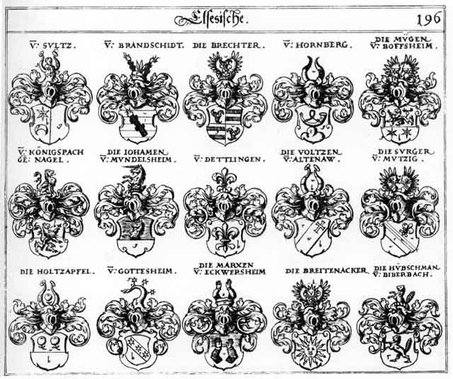 Coats of arms of Brandschid, Brandtscheidt, Brechter, Breitenacker, Detlingen, Gottesheim, Holtzapfel, Hornberg, Hübschmann, Johamen, Koenigspach, Königspach, Marxen, Muegen, Mügen, Nagel, Prechter, Sultz, Sultzer, Surger, Voltzen