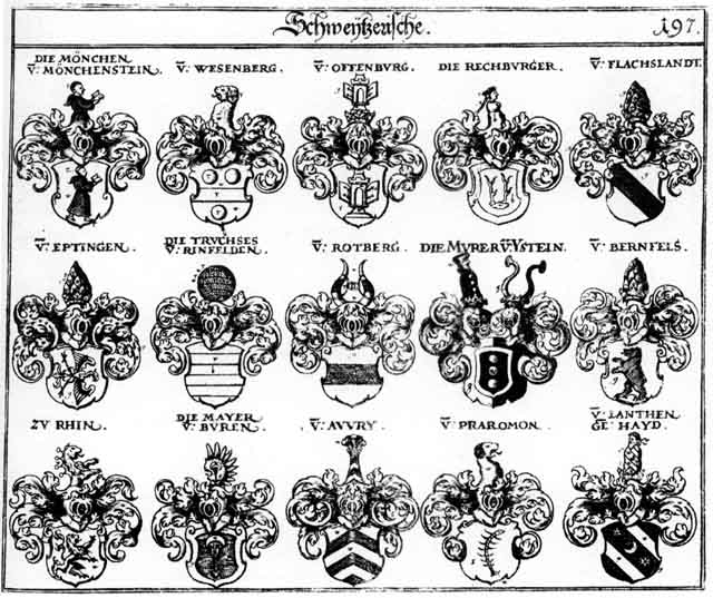 Coats of arms of Awvry, Bernfels, Eptingen, Flachsland, Haiden, Hayd, Hayden, Haydtn, Heyden, Lanthen, Mair, Majer, Mayer, Mayr, Mejer, Moench, Moenchen, Murer, Offenburg, Praromon, Rechburg, Rechburger, Rotberg, Truchsesen, Wesenberg, zu Rhin