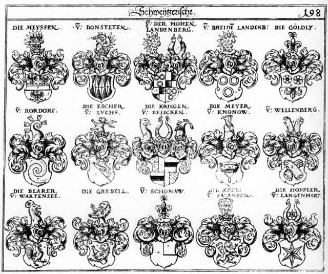 Coats of arms of Blarer, Bonstetten, Breidenlandenberg, Eppli, Escher, Goeldly, Göldly, Grebell, Hohen, Hoppler, Kriechen, Kriegen, Krygen, Landenberg, Landenberg, Majer, Mejer, Meyer, Meyssen, Rordorff, Schönau, Schönauer, Wellenberg