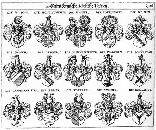 Coats of arms of Beheim, Böheim, Cammermeister, Derer, Derrer, Doppler, Ebner, Grolandt, Holtzschuher, Im Hoff, Kammermeister, Loesselholz, Löfelholtz, Muffel, Paemer, Pömer, Ruhmel, Rumel, Rummel, Schlüsselfelder, Schürstatt, Starck, Starcken, Toppler