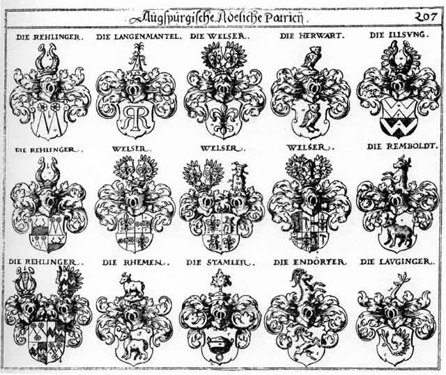 Coats of arms of Endörffer, Herwart, Ilsung, Lauginger, Rehlinger, Rehm, Rehmen, Rhemen, Stamler, Welser