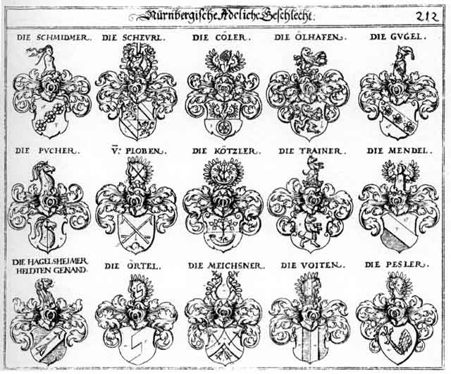Coats of arms of Bucher, Coler, Gugel, Hagelsheimer, Helden, Heldten, Khötzler, Koetzler, Koler, Kötzler, Meichsner, Mendel, Oelhasen, Oertel, Pesler, Ploben, Pucher, Scheurl, Schmidmer, Trainer, Vogten, Voit, Voiten, Voyten