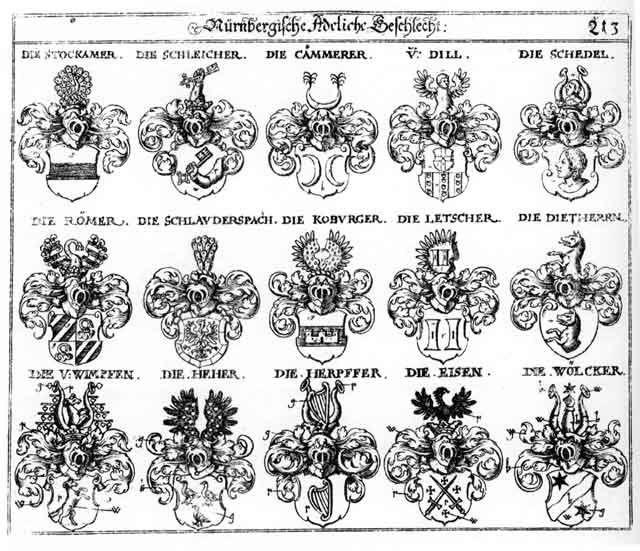 Coats of arms of Camerer, Cammerer, Dietherrn, Eisen, Eysen, Heher, Herpfer, Kammerer, Koburger, Letscher, Roemer, Römer, Schedel, Schedl, Schlaudersbach, Schleicher, Wimpfen, Wölker