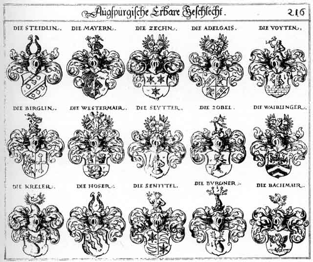 Coats of arms of Adelgais, Altenstaig, Bachmair, Bircklin, Birglin, Buroner, Hoser, Kreler, Mair, Majer, Mayer, Mayern, Mayr, Mejer, Pachmair, Senfftel, Seuter, Seytter, Steidlin, Steudlin, Votten, Voyten, Waiblinger, Westermair, Zächen, Zechn, Zobel