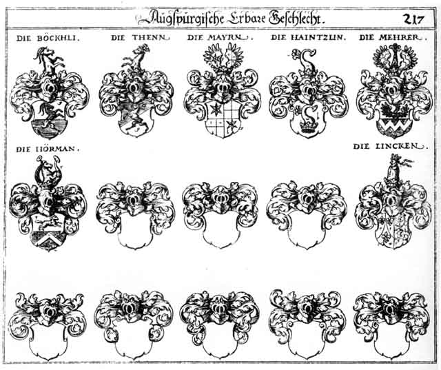Coats of arms of Böckhli, Haintzlin, Hermann, Hörman, Lincken, Mair, Mayer, Mayr, Mayrn, Mehrer, Meier, Thenn