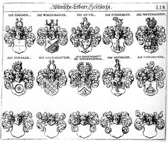 Coats of arms of Fingerlin, Greggen, Meyenschein, Neubronner, Neuenprun, Newprunner, Oth, Otten, Otthen, Rosenhardt, Rotengatter, Schaeler, Schëler, Spengler, Weickmänner