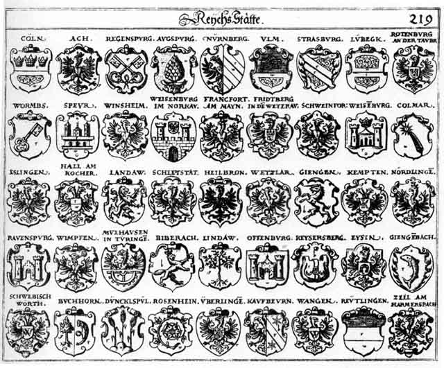 Coats of arms of Aach, Augspurg, Biberach, Buchhorn, Colmar, Cöln, Dinckelspiel, Düncklspul, Eysin, Franckfurt am Mayn, Fridberg, Giengen, Giengenbach, Hall, Heilbron, Kaisersberg, Kauffbeurn, Kempten, Keysersberg, Landaw, Lindaw, Lübeck, Mülhausen, Noeerdlingen, Nördlingen, Nürnberg, Offenburg, Ravenspurg, Regenspurg, Reutlingen, Rosenheim, Rotenburg, Schlettstadtt, Schwebischwerdt, Schweinfurt, Speyr, Strasburg, Uberlingen, Ulm, Wangen, Weisenburg, Wetzlar, Wimpfen, Windshaimb, Winsheim, Wormbs, Zell