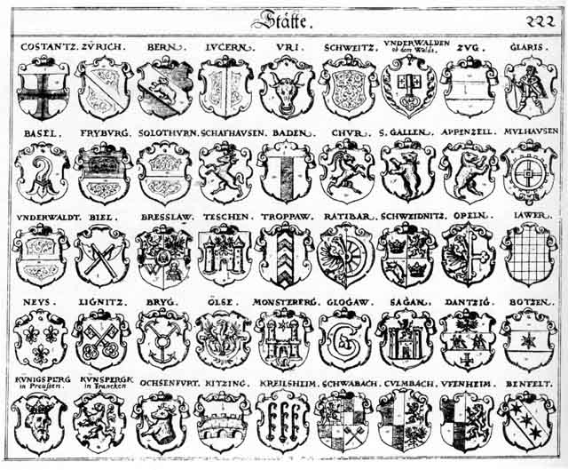 Coats of arms of Appenzell, Baden, Basel, Benfeld, Bern, Biel, Botzen, Bryg, Chur, Costantz, Culmbach, Dantzig, Fryburg, Gallen, Glaris, Gloggaw, Königsberg, Kreilsheim, Künigsberg, Künsperg, Lawer, Lignitz, Luzern, Monsterberg, Mülhausen, Neyfs, Ochsenfurt, Olse, Opel, Preslaw, Ratibor, Schaffhausen, Schwabach, Schweitz, Schwitz, Teschen, Troppau, Uffenheim, Unterwalden, Uri, Ury, Zug, Zurich