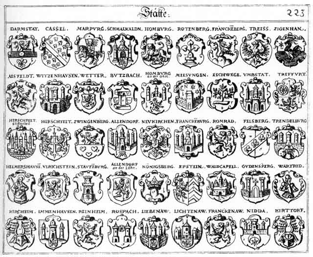 Coats of arms of Alendorff, Alsfeld, Butzbach, Cassel, Darmstatt, Epstein, Eschwege, Fëlsberg, Franckenau, Franckenberg, Franckenburg, Gudensberg, Helmershausen, Hirschfeldt, Hirschfeldt Stifft, Homburg, Honburg, Kirchheim, Kittorff, Kitzing, Koenigsberg, Königsberg, Liebenau, Liechtenau, Marpurg, Melsungen, Neukirchen, Reinheim, Romrad, Rospach, Rotenberg, Rottenberg, Schmalkalden, Stauffenberg, Treffurth, Treiss, Trendelburg, Ulrichstein, Umstatt, Waldcapell, Warfriedt, Wetter, Witzenhausen, Ziegenhan, Zwingenberg