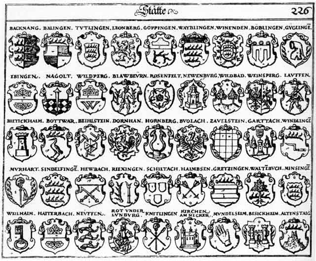 Coats of arms of Backnanus, Ballingen, Beihlstein, Besickheim, Bietickhaim, Blawpeuren, Bölingen, Buolach, Dornhan, Ebingen, Elnbogen, Garttach, Göppingen, Gretzingen, Güglingen, Haimsen, Haiterbach, Heubach, Heybach, Hornberg, Kirch, Kirchen, Knittlingen, Lauffen, Leonberg, Minsingen, Müdelheim, Münsingen, Murhart, Nagolt, Neuenburg, Neuffen, Riexingen, Rosenfeld, Roth, Rott, Schiltach, Sindelfingen, Tuttlingen, Waldenhuch, Wayblingen, Weiblingen, Weilheim, Werlheim, Wildbad, Wildberg, Windlingen, Winenden, Zavelstein