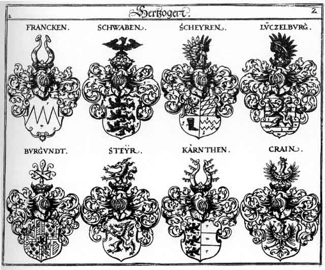 Coats of arms of Burgund, Crain, Francken, Kaerndten FH, Kärndten HF, Lüczelburg HF, Lützelburg HF, Scheyren H, Schwaben HF, Steyr HF